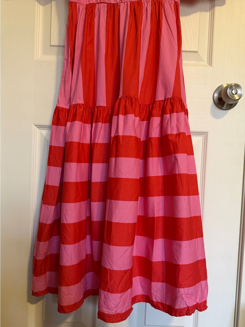 Crystal Doll Pink Red Stripe Puff Sleeve Midi Dress Cottagecore Size Small - Picture 5 of 10